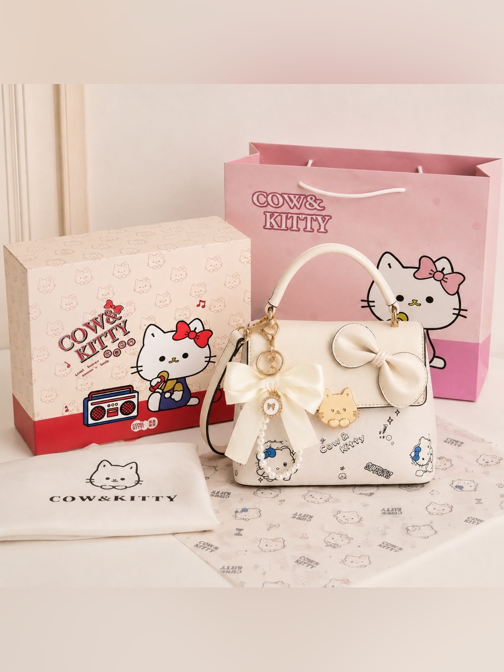 Cream Mini Top-Handle Bag with Bow and Charm